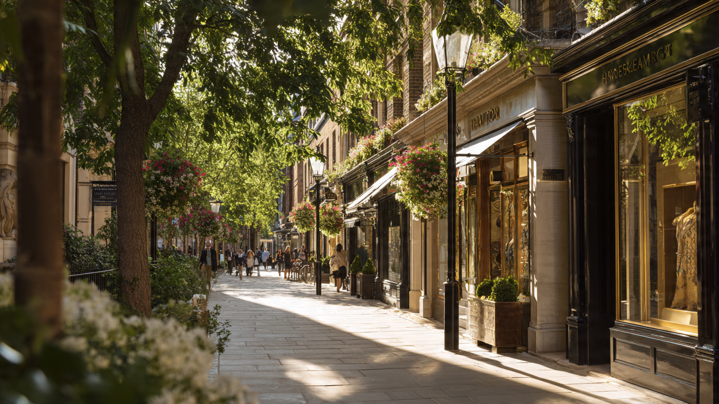 Elegant shopping street with boutique stores and hanging flowers near Buckingham Palace, showcasing charming local shops and relaxed browsing experiences as part of the best things to do near Buckingham Palace and nearby London attractions.