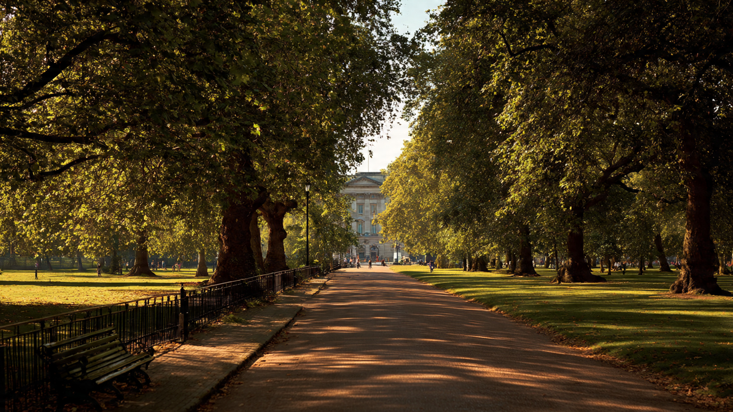 Peaceful tree-lined walkway leading toward Buckingham Palace at sunset, showcasing relaxing park views and calm walking routes as part of the best things to do near Buckingham Palace and nearby attractions in London.
