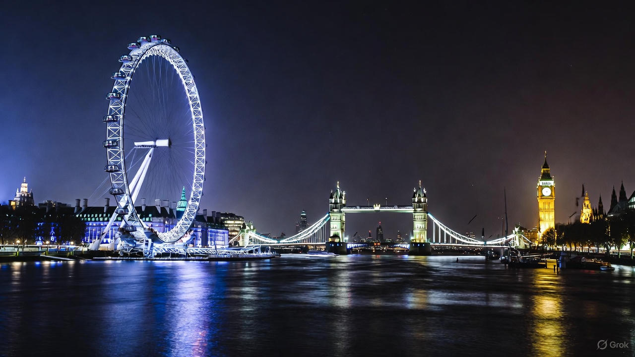 London Eye, Tower Bridge, and Big Ben illuminated at night, highlighting why things to do in London at night feel different along the Thames.