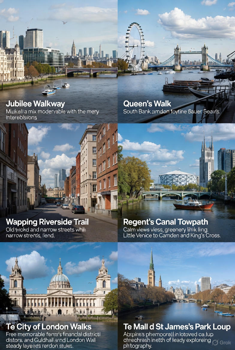 A quiet London walkway lined with historic buildings and open paths, representing the city’s free cultural routes and walkable trails.