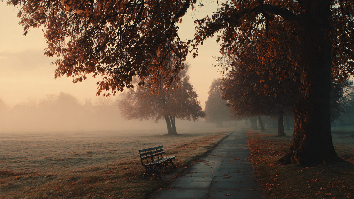 Things to do in London in autumn, misty park pathway with fallen leaves and empty bench at sunrise, showcasing peaceful fall scenery and reflective seasonal experiences in London