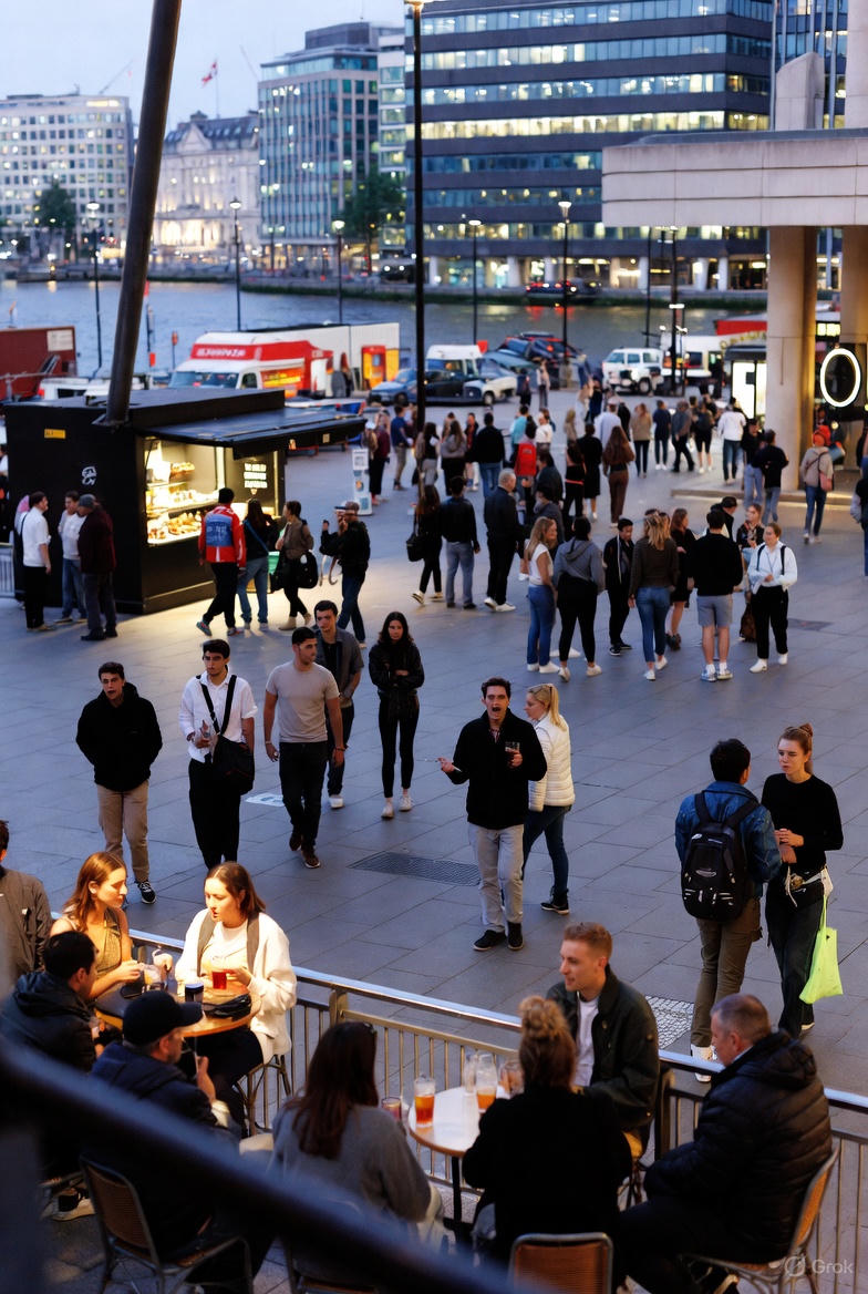 Young adults gathering, walking, and relaxing in a busy London plaza during the evening, showing fun things to do in London beyond traditional nightlife through casual socializing, food stalls, and lively urban spaces after sunset.