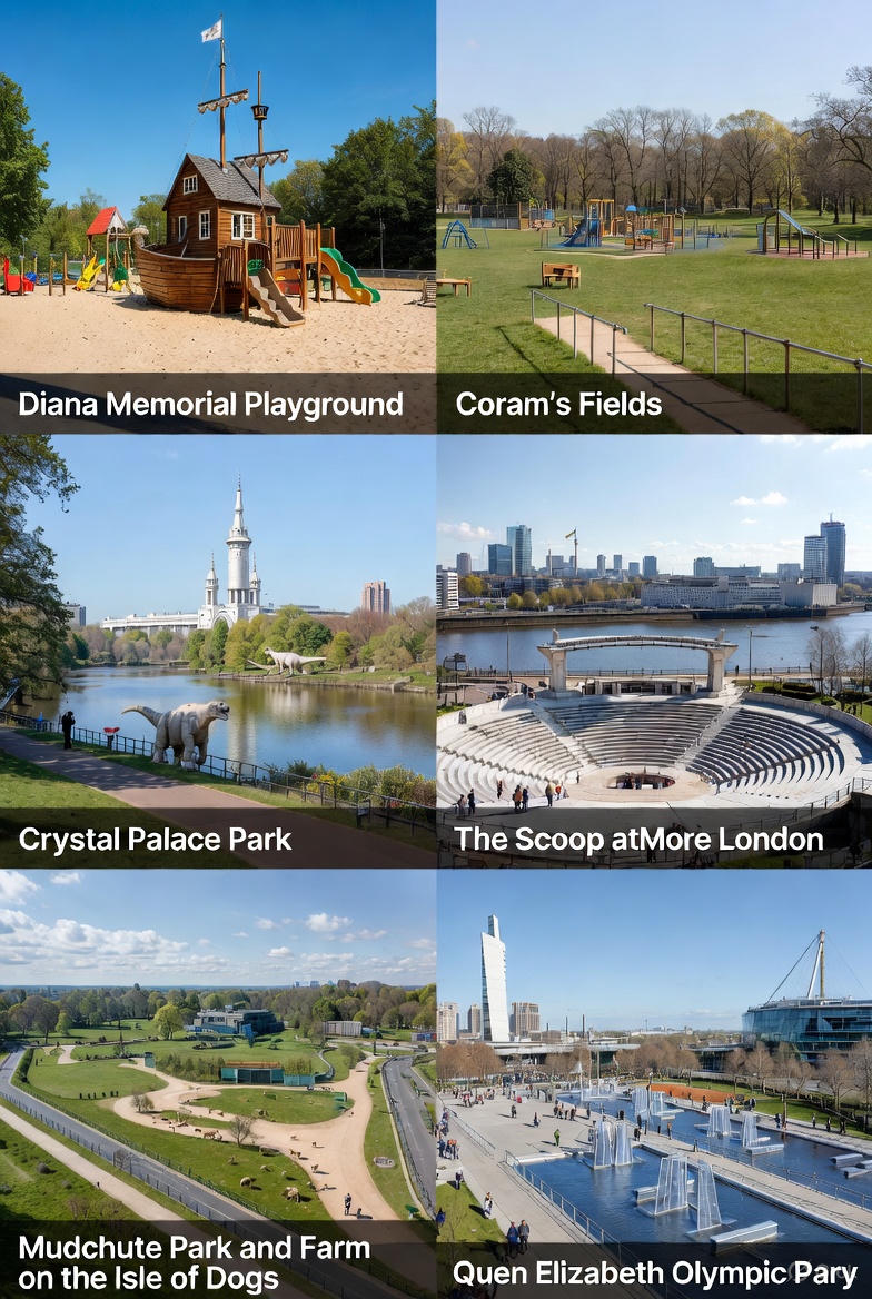 A cheerful outdoor play area in London with open spaces and activity zones, highlighting free family-friendly spots in the city.