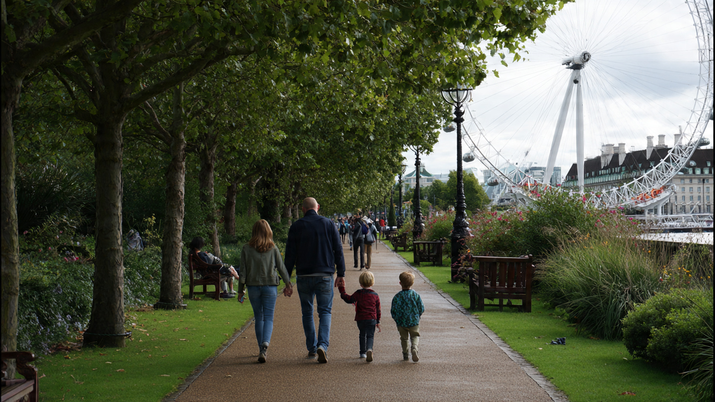 Family walking along a green riverside path near the London Eye on the South Bank, showcasing family friendly things to do near London Eye, including peaceful walks, outdoor seating areas, and relaxing attractions around the Thames.