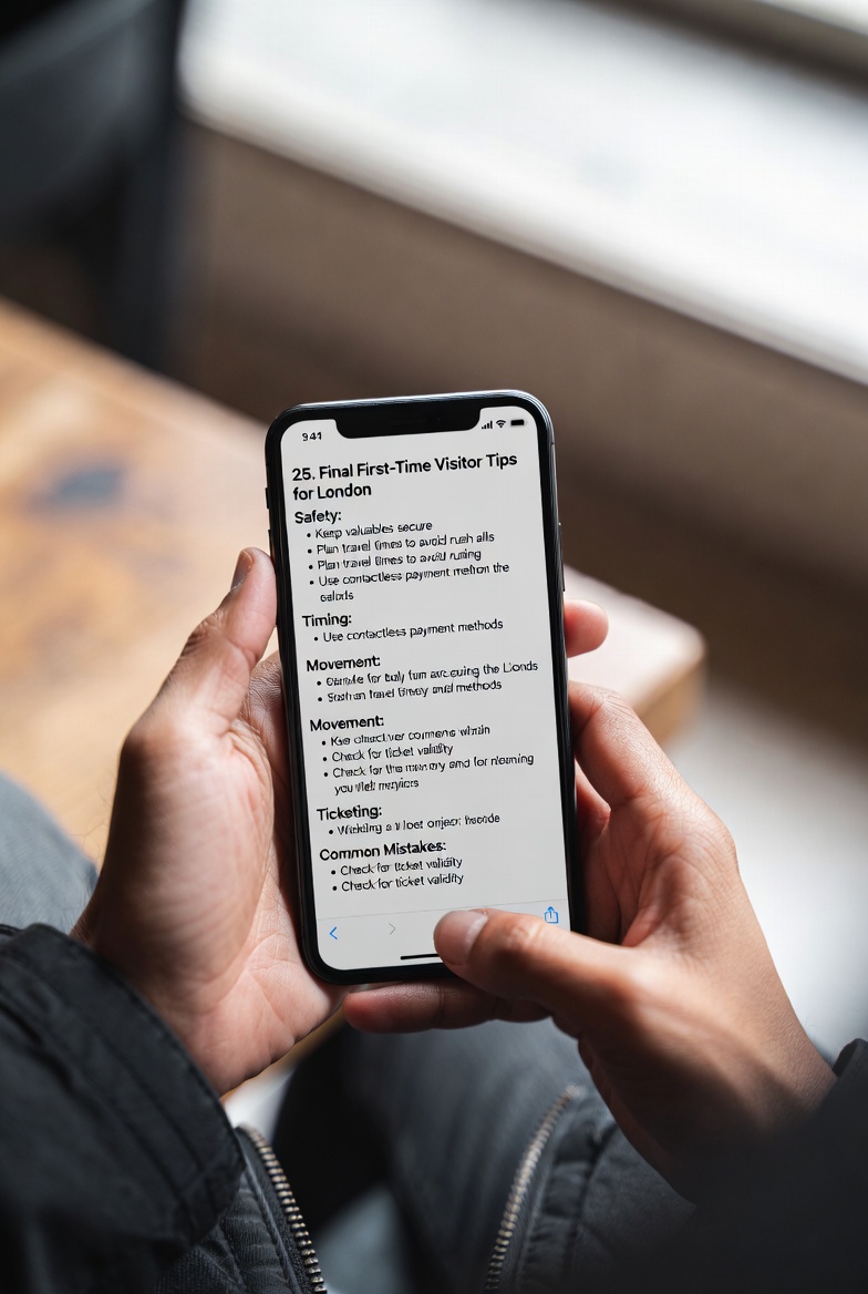Traveler reviewing first-time visitor tips on a smartphone while planning things to do in London, focusing on safety, transport, timing, and attraction planning