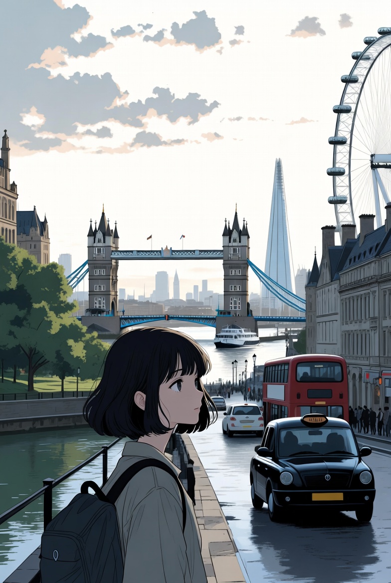 Illustrated view of iconic London landmarks along the River Thames, showing Tower Bridge, London Eye, red bus, and city streets, representing classic things to do in London for first-time visitors