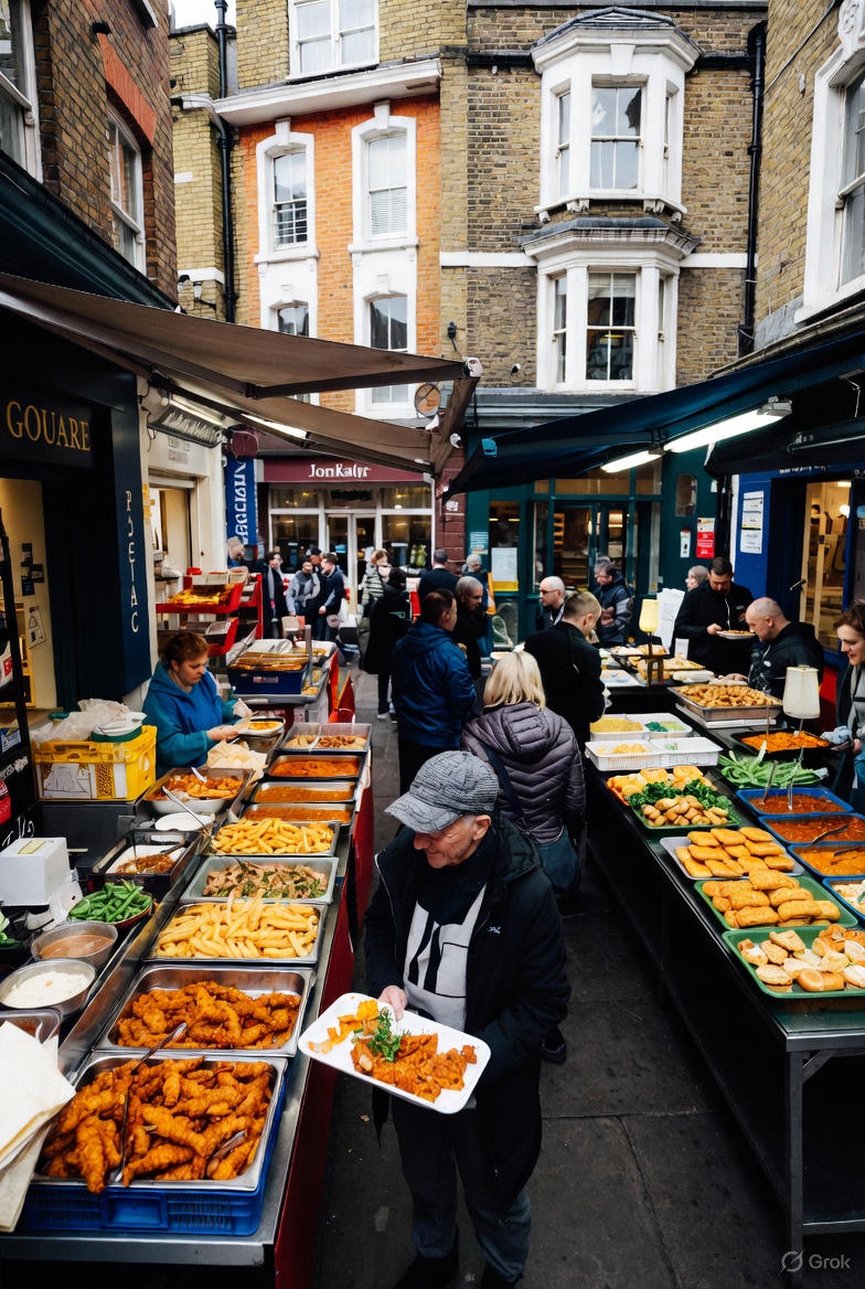 Street food market in a narrow London lane with people queuing for local dishes, capturing unoque things to do in london through everyday food culture and local interaction.