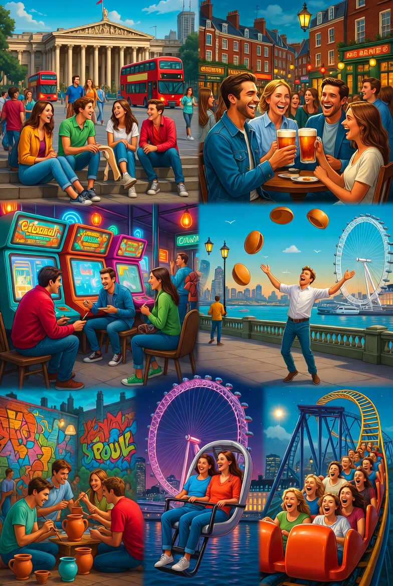 Fun things to do in London for young adults with nightlife street scene, live music, neon lights, and crowds enjoying the evening atmosphere