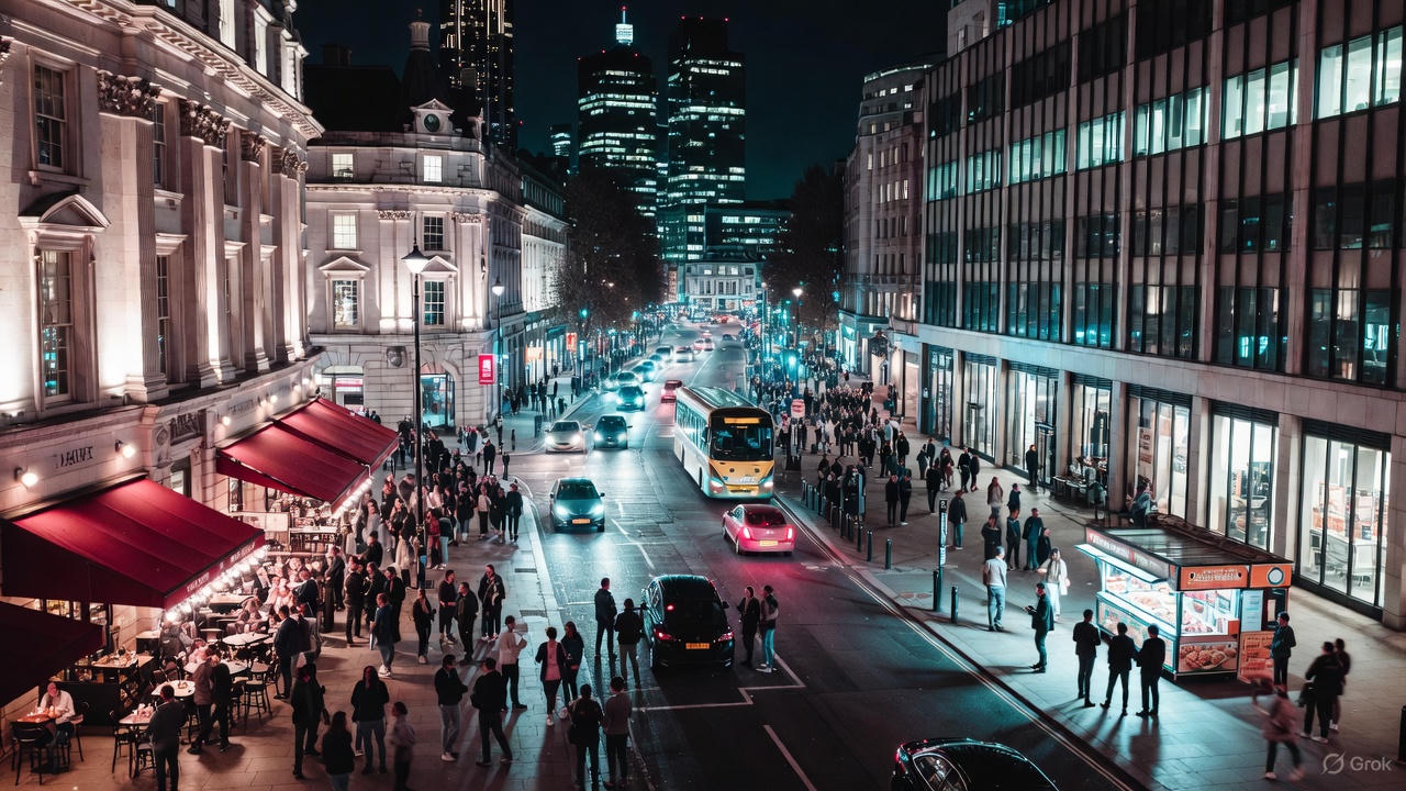 A lively London street at night with crowds, cafés, buses, and glowing city lights, capturing fun things to do in londom through nightlife, social energy, and evening street culture in the city center.