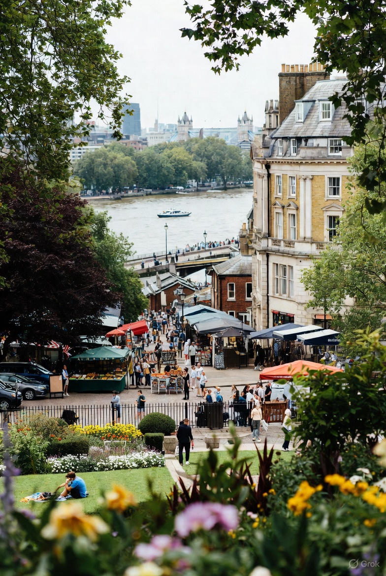 Weekend market scene in London viewed from a garden, with colorful stalls, crowds, and the River Thames in the background framed by trees.