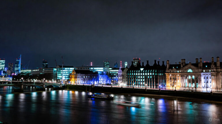 London skyline at night with illuminated buildings and river reflections, showcasing popular things to do in London at night along the Thames