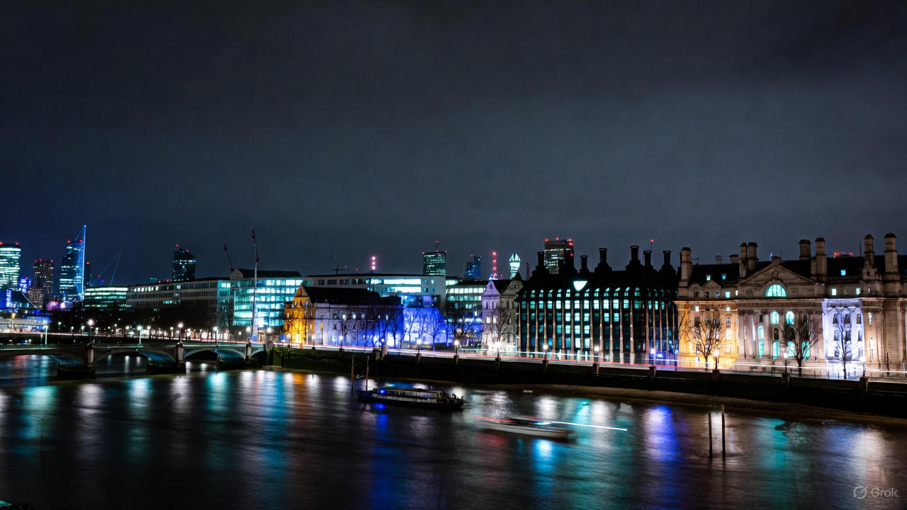 London skyline at night with illuminated buildings and river reflections, showcasing popular things to do in London at night along the Thames