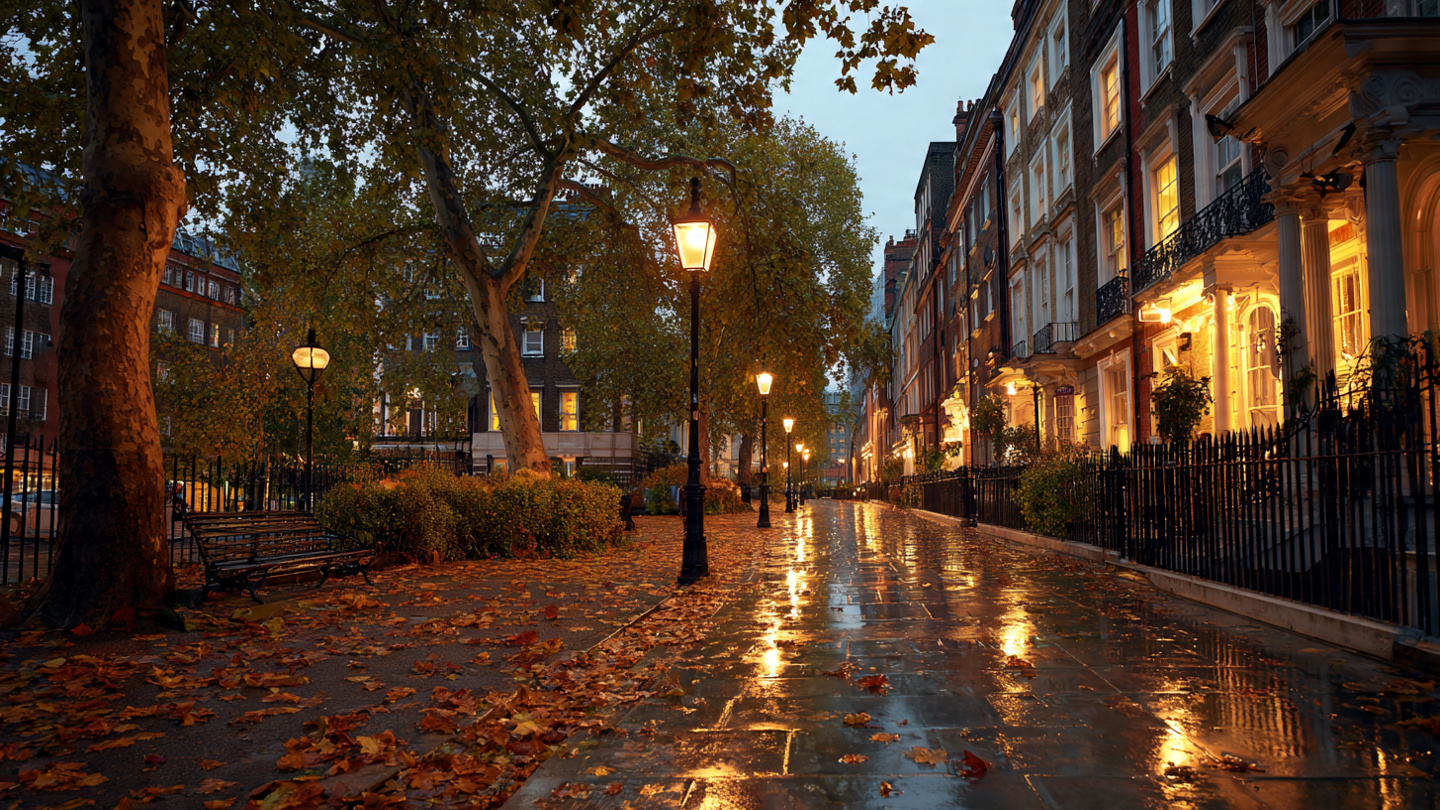Things to do in London in autumn, peaceful autumn evening walk along a historic London street with wet pavement, glowing streetlights, fallen leaves, and calm seasonal city atmosphere