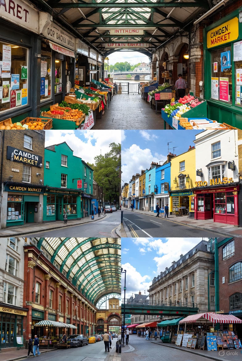A lively London market scene with colorful stalls and shoppers, reflecting the vibrant atmosphere of free things to do in London’s market streets.