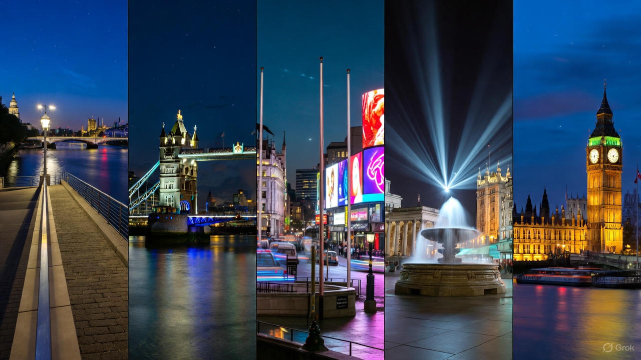 A nighttime view of London with illuminated landmarks and riverside lights, capturing the atmosphere of free night experiences in the city.