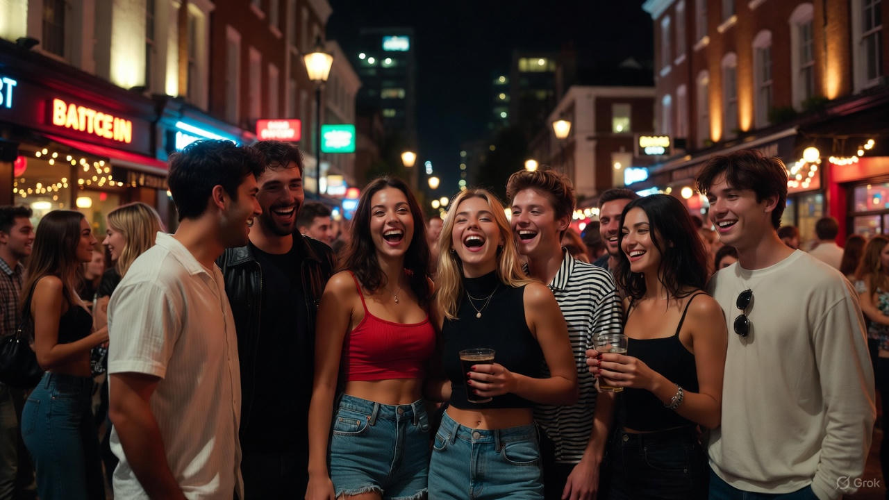 A group of young adults laughing and socializing on a lively London street at night, capturing fun things to do in London for young adults through nightlife, bars, street energy, and spontaneous evening experiences.