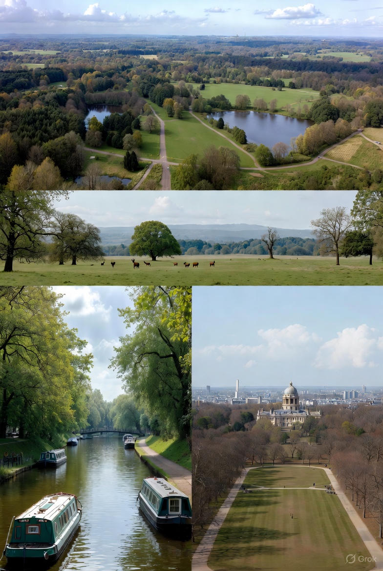 A peaceful outdoor scene in London with open green spaces and walking paths, reflecting the city’s free outdoor experiences