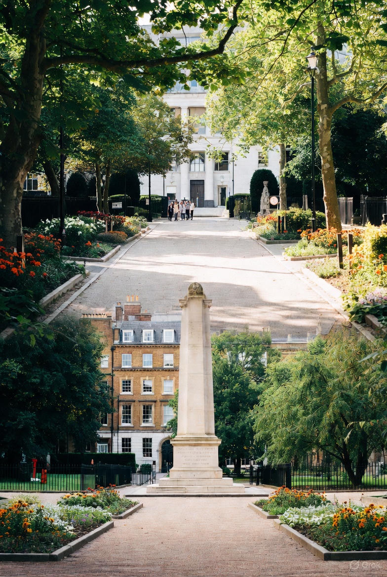A quiet garden corner in London with shaded benches and soft greenery, capturing the city’s free peaceful spots for rest and reflection