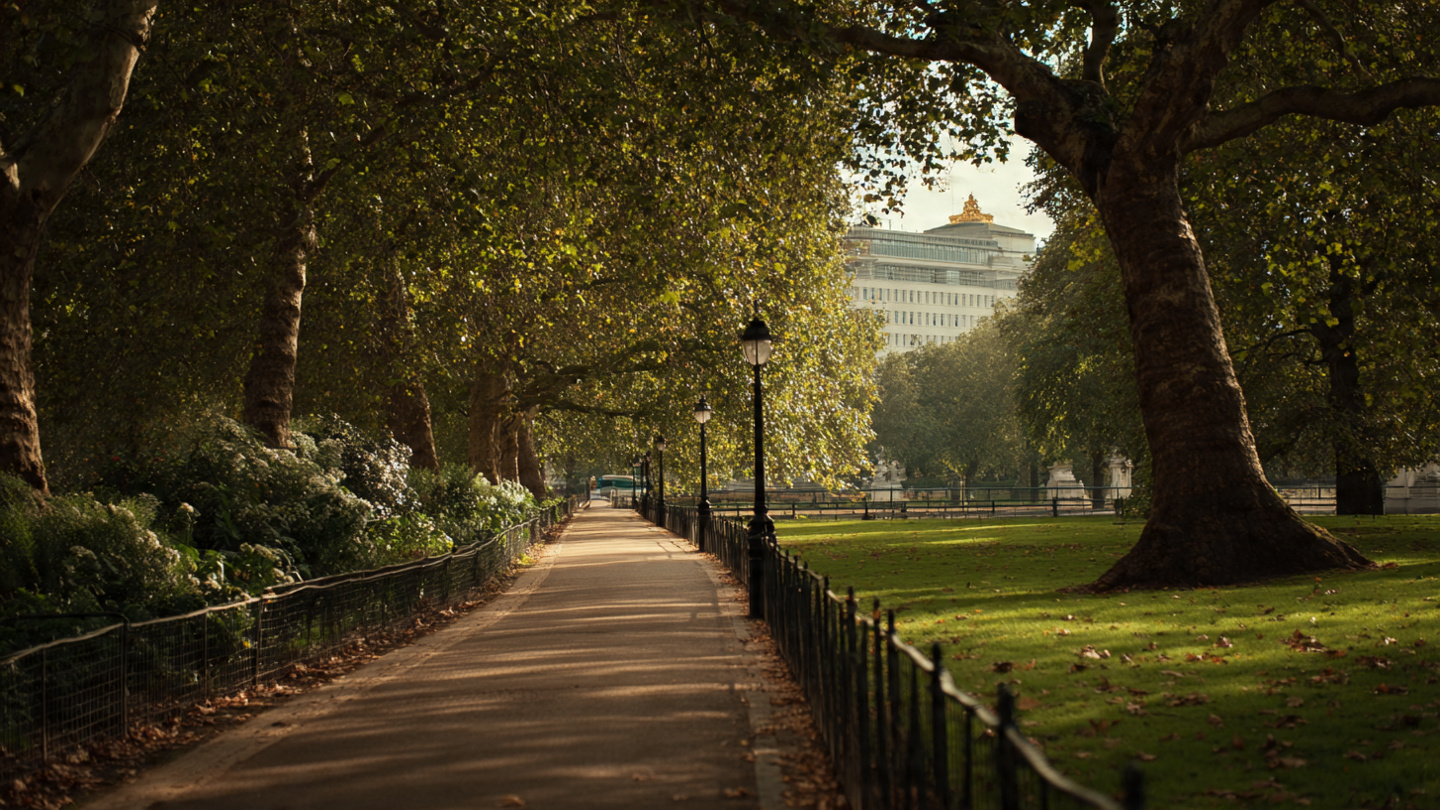 Peaceful tree-lined walkway in a green park near Buckingham Palace, featuring calm walking routes and scenic outdoor spaces as part of the best things to do near Buckingham Palace and nearby London attractions.