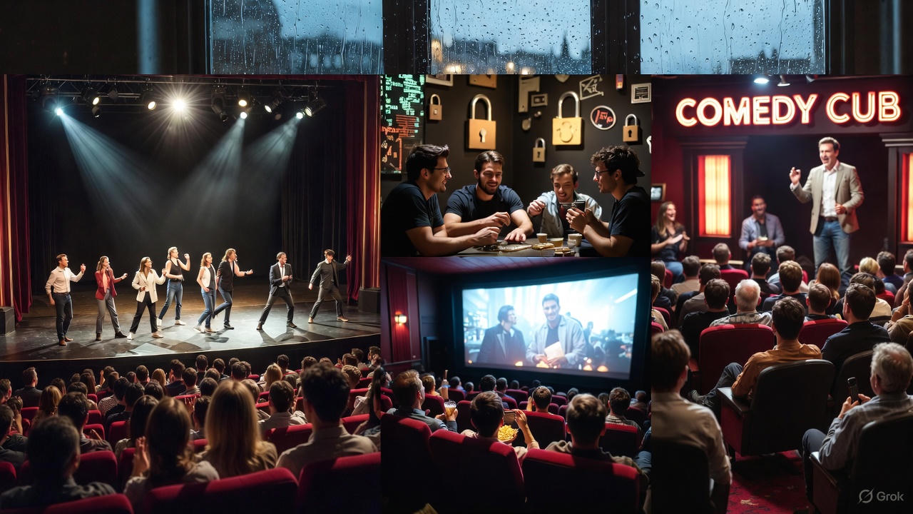 Indoor entertainment scene in London featuring a theater performance, cinema screening, and comedy club audience, showing popular rain-friendly activities when the weather turns wet.