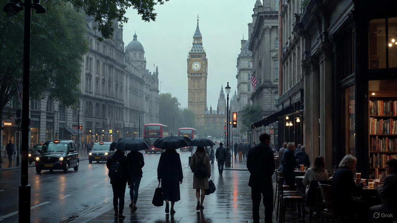 Rainy street scene in central London with people walking under umbrellas, cafés open along the pavement, and Big Ben visible in the misty background.