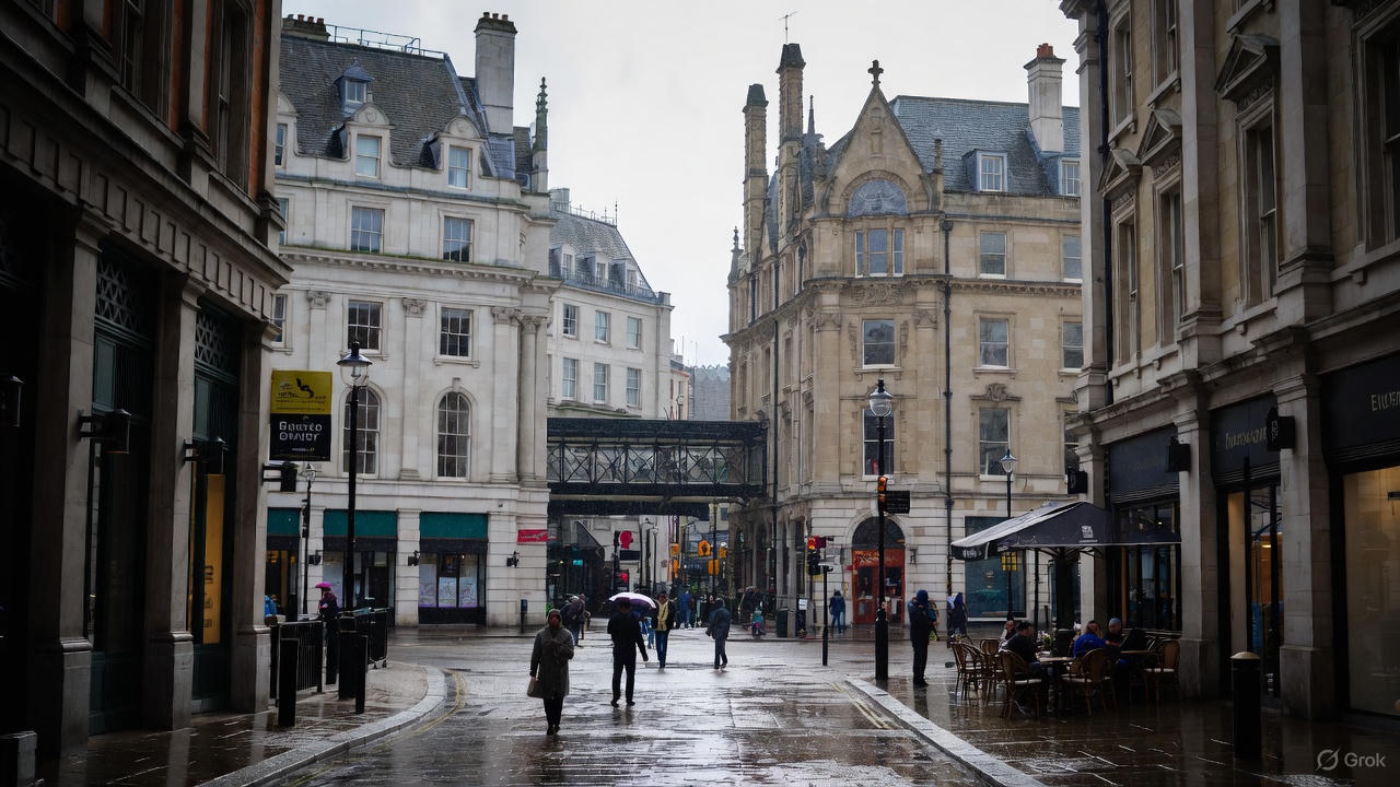 Historic London street scene after rainfall with people walking under umbrellas, wet pavements reflecting light, showing why rainy day activities in London still feel atmospheric and enjoyable.