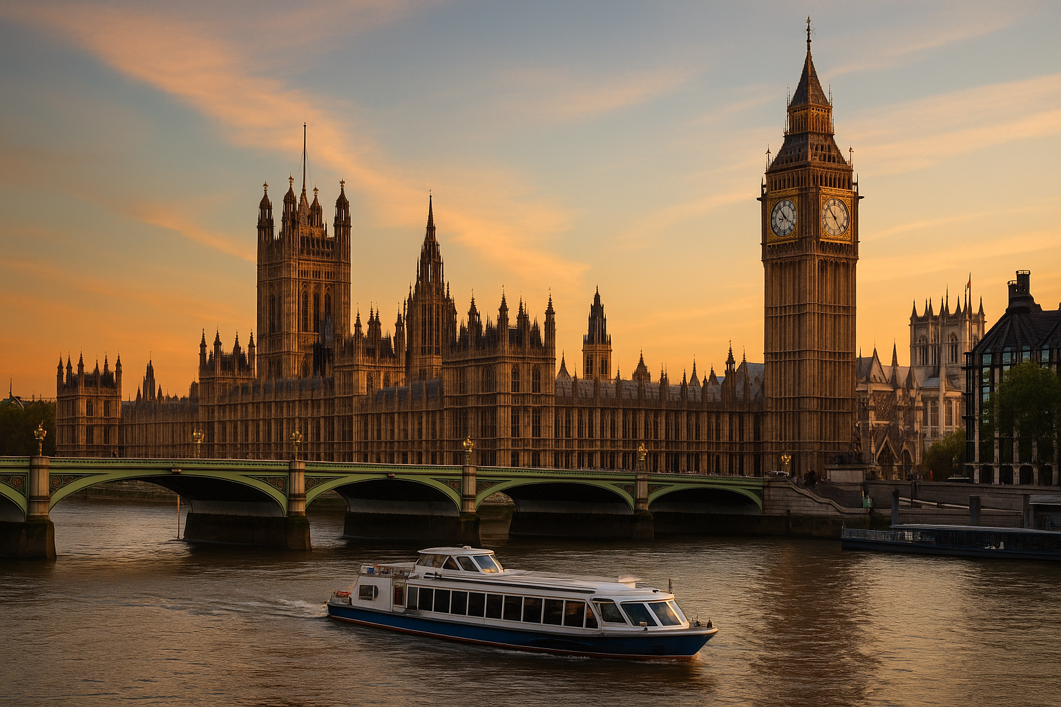 River Thames in London at sunset with Westminster Bridge, Big Ben, and the Houses of Parliament reflecting on the water