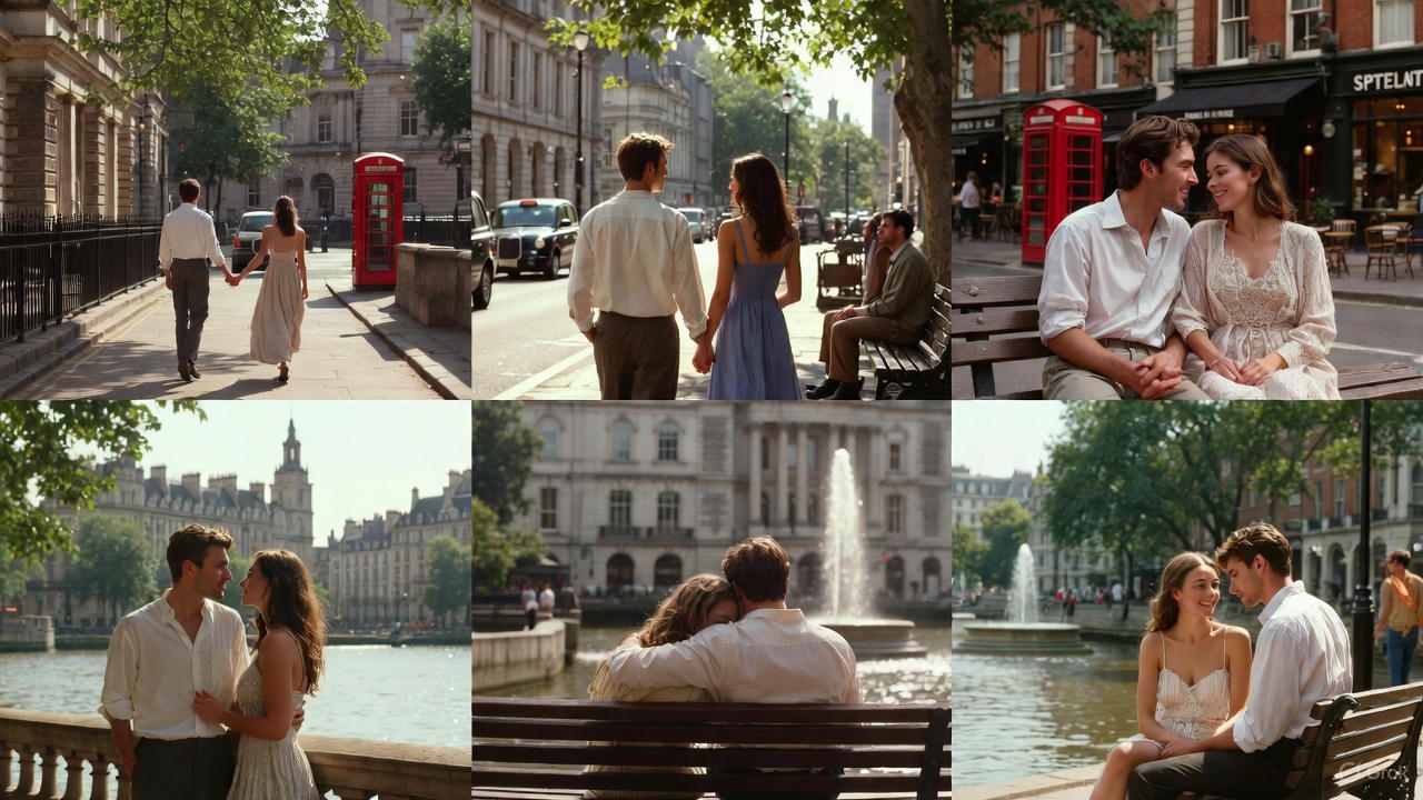 Romantic things to do in London as a couple walking hand in hand near historic streets, red phone booths, and a peaceful city park setting