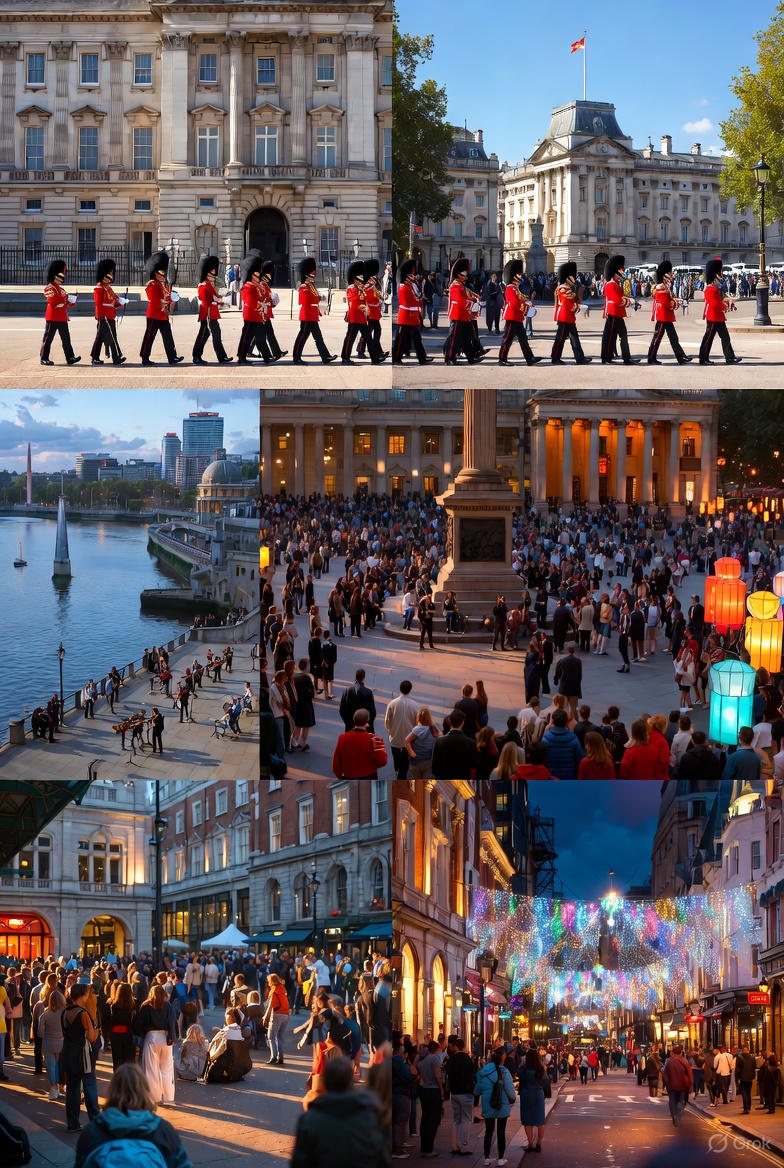 A lively London outdoor scene with festive lights and public celebrations, reflecting the city’s free seasonal gatherings.”