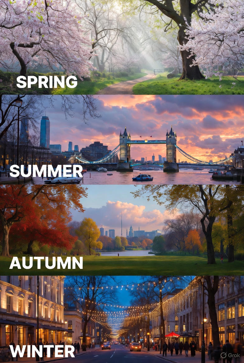 A colorful seasonal scene in London showing decorated streets and changing foliage, highlighting the city’s free seasonal highlights.