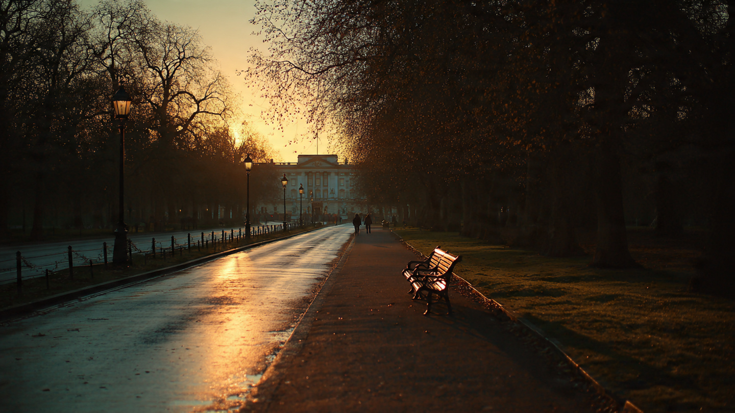 Peaceful sunset walkway near Buckingham Palace with glowing light on the pavement, park benches, and visitors strolling, showcasing calm evening views and scenic walking experiences as part of the best things to do near Buckingham Palace in London.