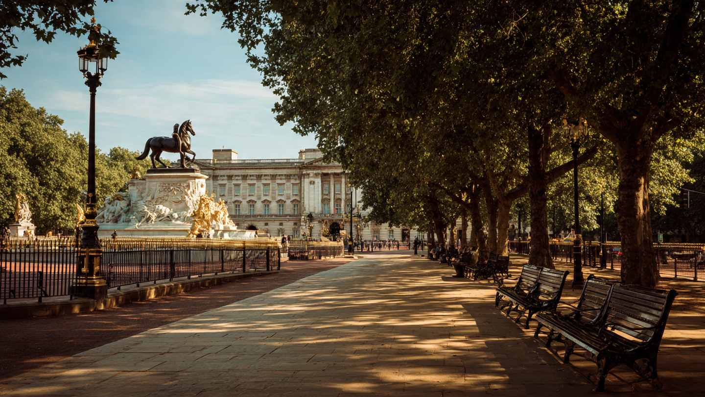 Scenic view of Buckingham Palace with the Victoria Memorial and shaded benches along a peaceful walkway, capturing relaxing sightseeing spots and iconic landmarks as part of the best things to do near Buckingham Palace in London.