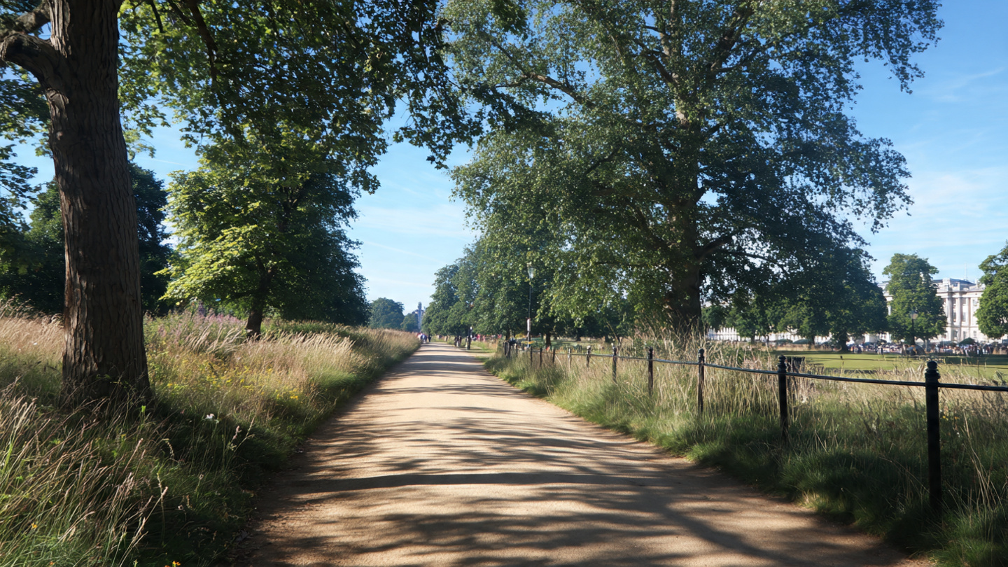 Sunny walking path through open parkland near Buckingham Palace, featuring scenic green views and peaceful outdoor walking routes as part of the best things to do near Buckingham Palace and nearby London attractions.