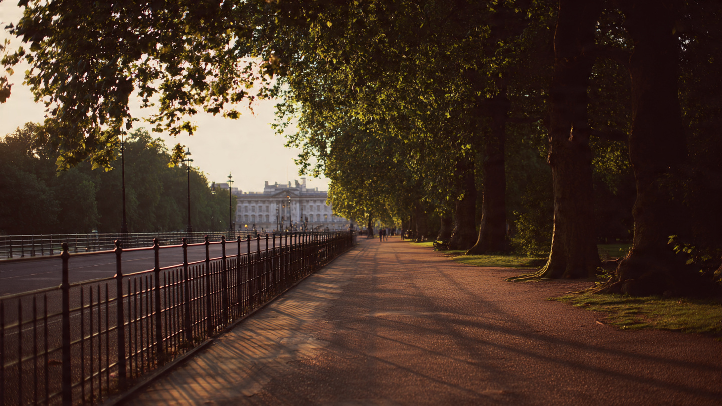 Shaded walking path with trees and iron railings near Buckingham Palace at sunset, showcasing peaceful park views and scenic walking experiences as part of the best things to do near Buckingham Palace and nearby London attractions.