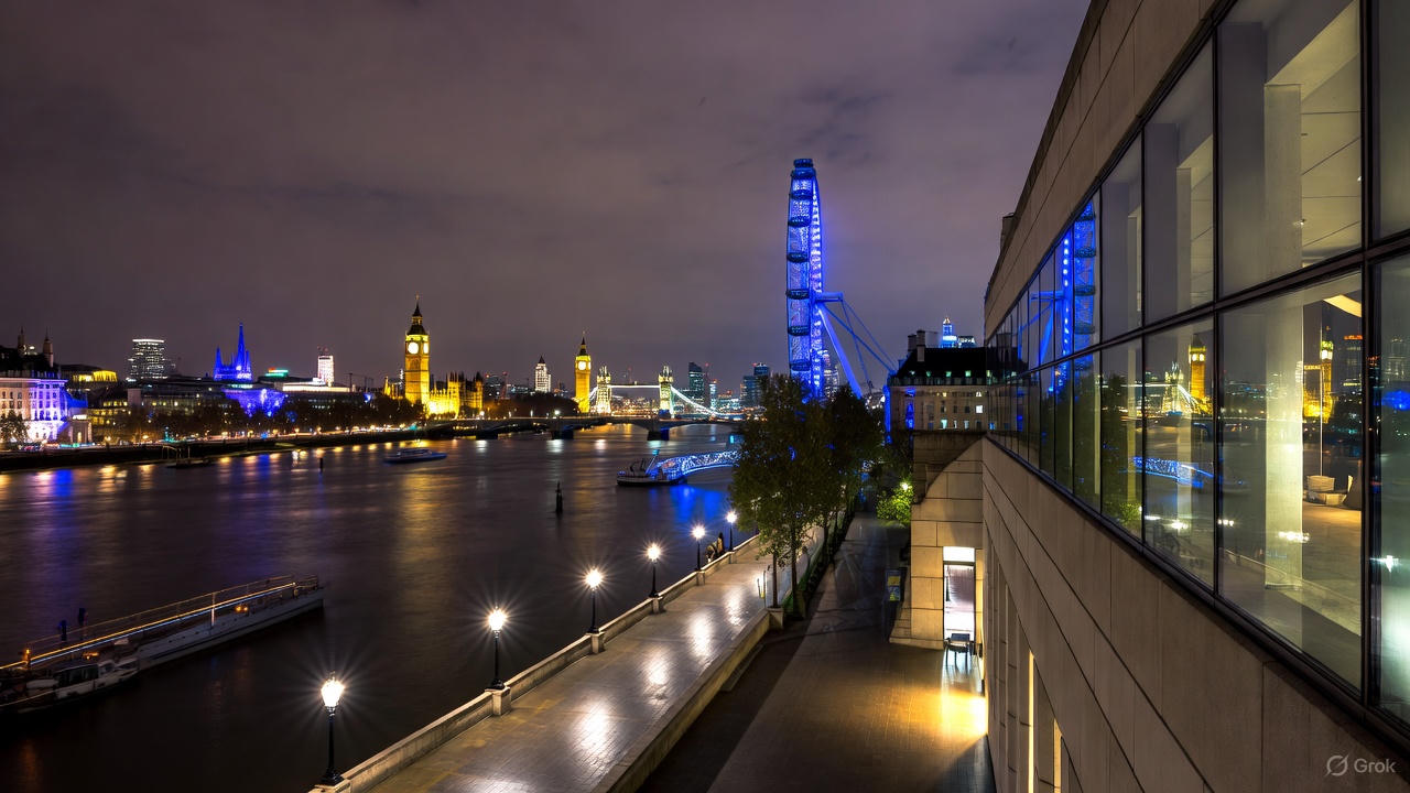 Riverside walk along the Thames at night with city lights, showing free things to do in London at night through calm evening exploring