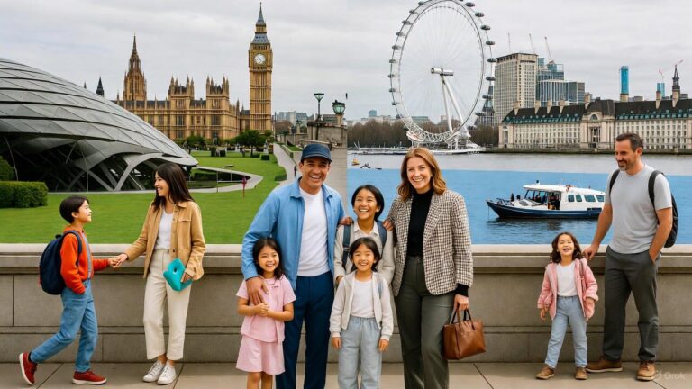 Family enjoying things to do in London with kids near the London Eye, Big Ben, and the River Thames