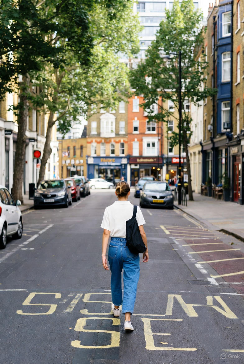 A traveler walking alone down a quiet London street lined with trees and local buildings, representing unoque things to do in london through slowing down, exploring neighborhoods, and discovering non touristy experiences shaped by everyday city life.