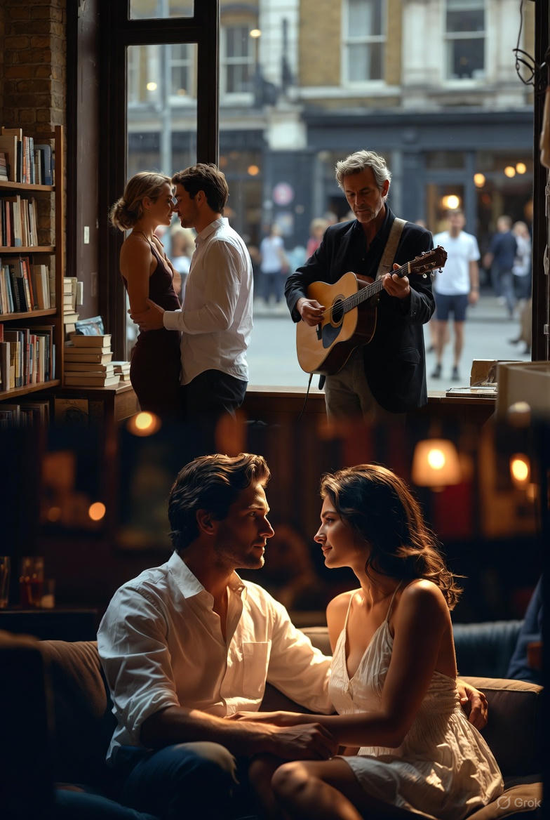 Romantic things to do in London for couples enjoying live music in a cozy café and sharing an intimate evening together in a warm, candlelit setting