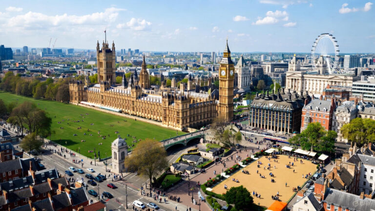 Aerial view of Westminster showing Big Ben, the Houses of Parliament, and the London Eye, capturing iconic city scenery alongside unoque things to do in london through historic streets and everyday city life.