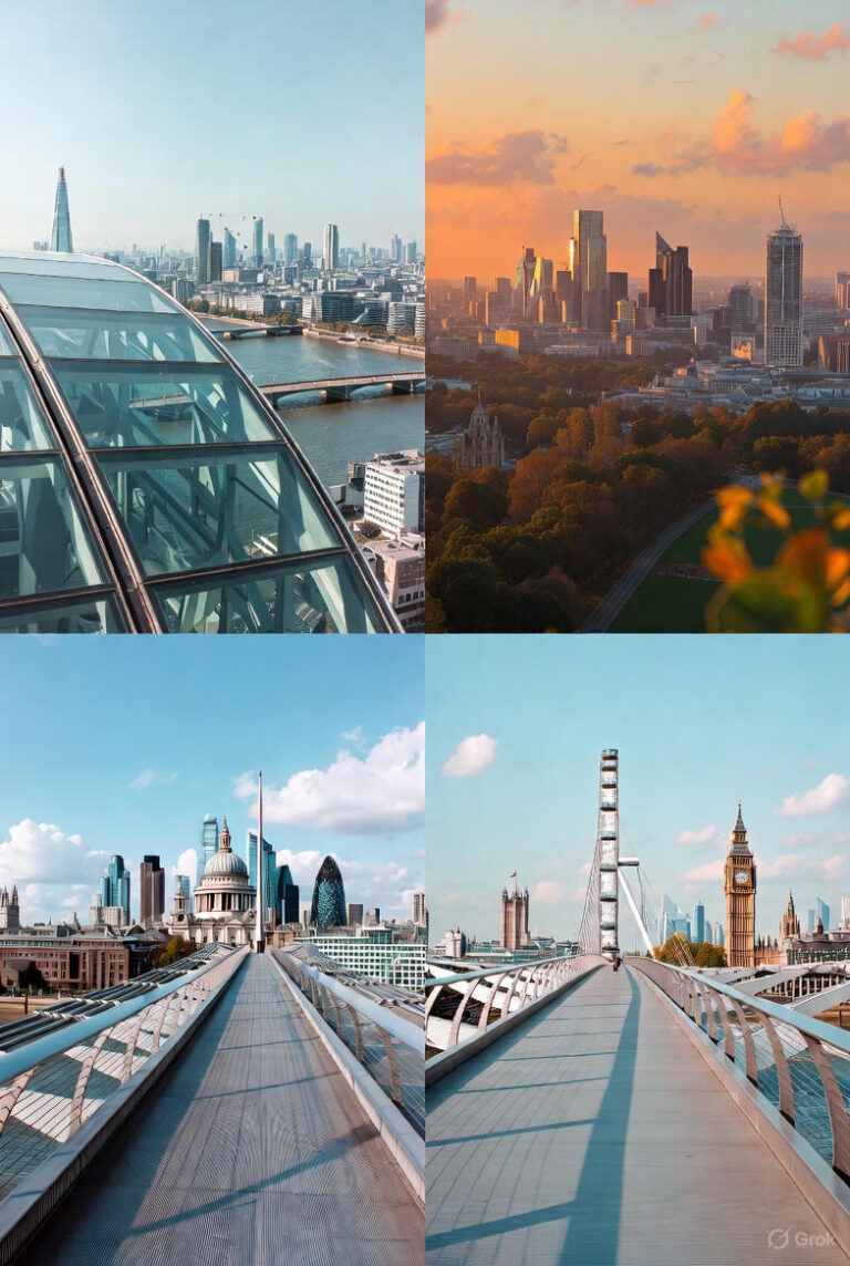 A wide sunset view of the London skyline from a free public viewpoint, showing open panoramic scenes across the city.