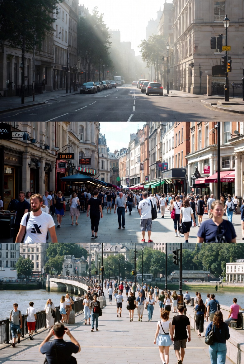 Scenes of weekend energy in London with quiet morning streets, busy midday shopping areas, and lively riverside walks, showing how the city’s mood changes throughout the day