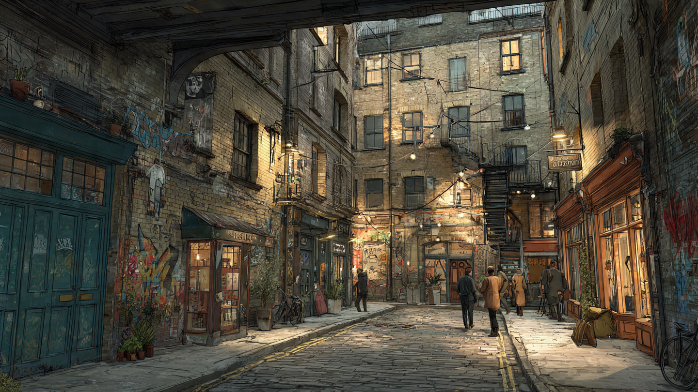 Hidden London courtyard with street art, independent shops, and local atmosphere, showcasing alternative exploration within a 7 day London itinerary and one week London itinerary