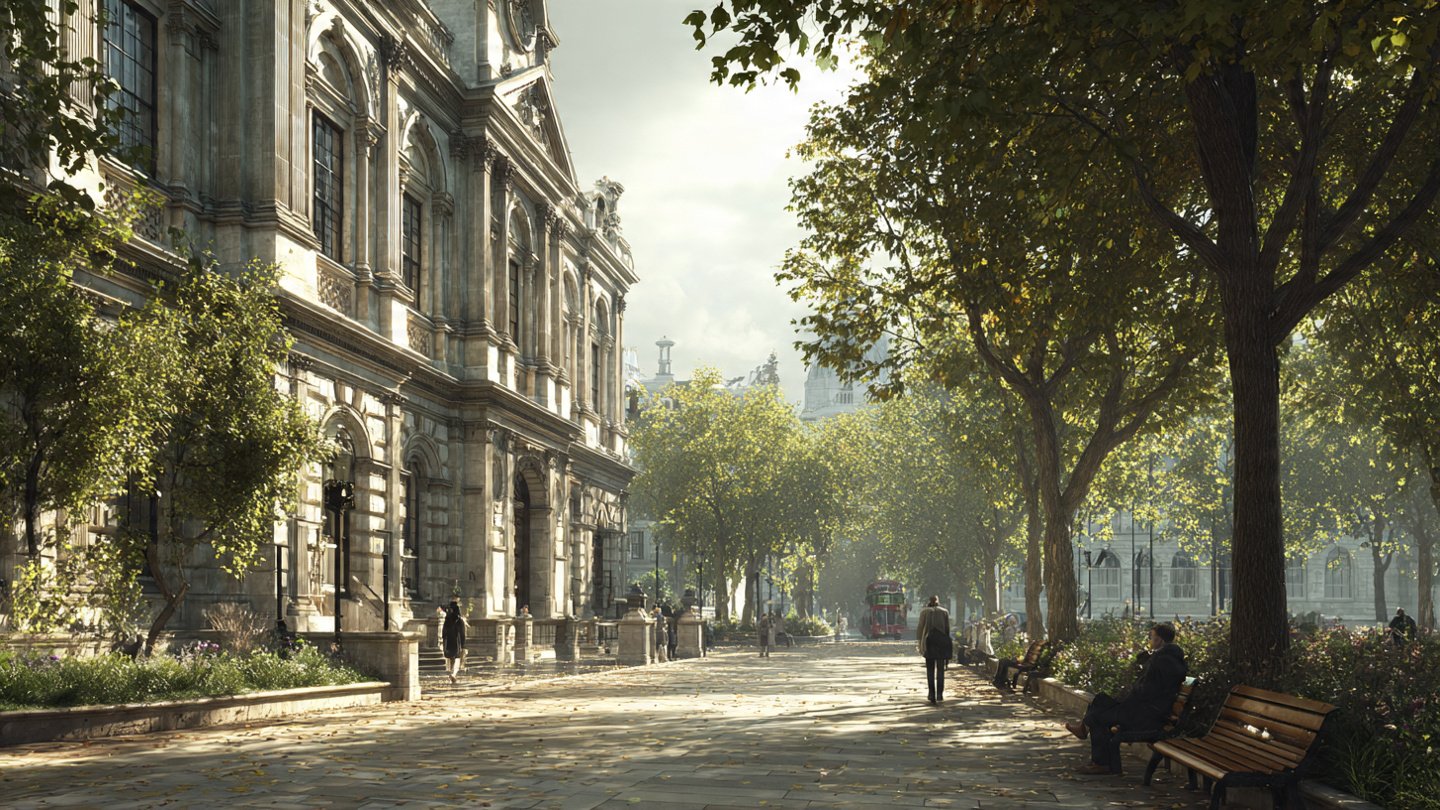 Tree-lined historic street in central London with museums and local life, representing cultural exploration during a 7 day London itinerary and a seven day London travel plan
