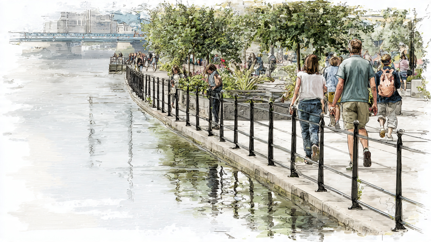 Illustrated riverside walk near Tower Bridge with visitors exploring the Thames path, highlighting enjoyable things to do near Tower Bridge such as scenic strolls, sightseeing walks, and relaxed riverfront exploration in London
