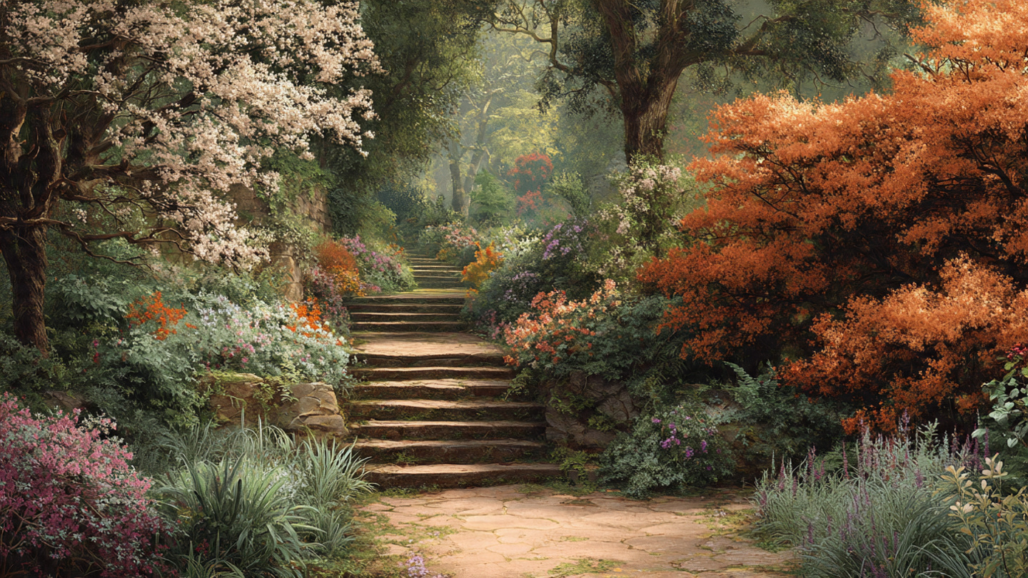 Secret gardens in London with stone steps surrounded by colorful flowers, blooming trees, and lush greenery, a peaceful hidden garden pathway in a tranquil London green space