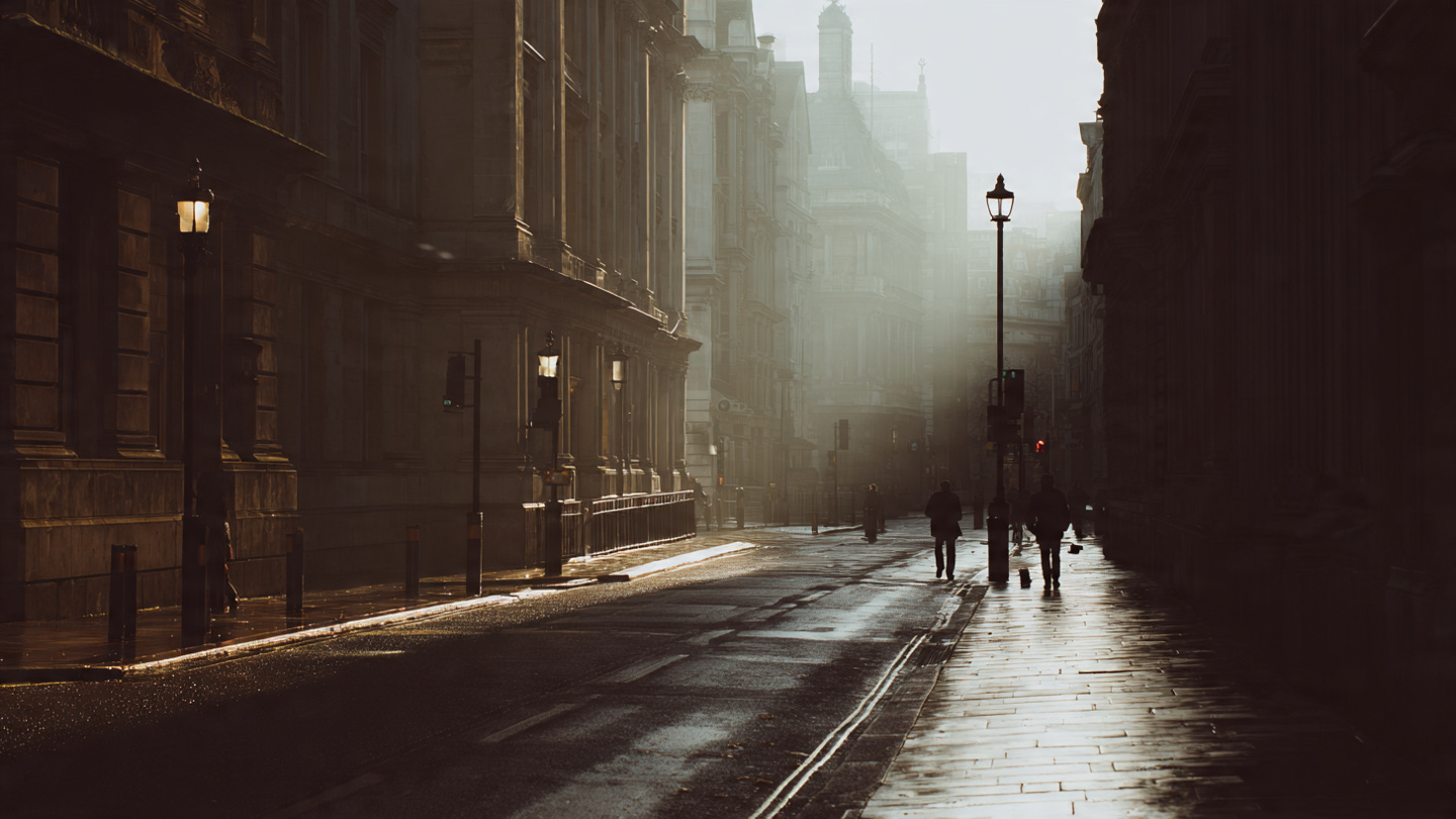 Quiet places in London captured on a calm early morning street with soft light, few pedestrians, and a peaceful urban atmosphere where the city feels slow and tranquil