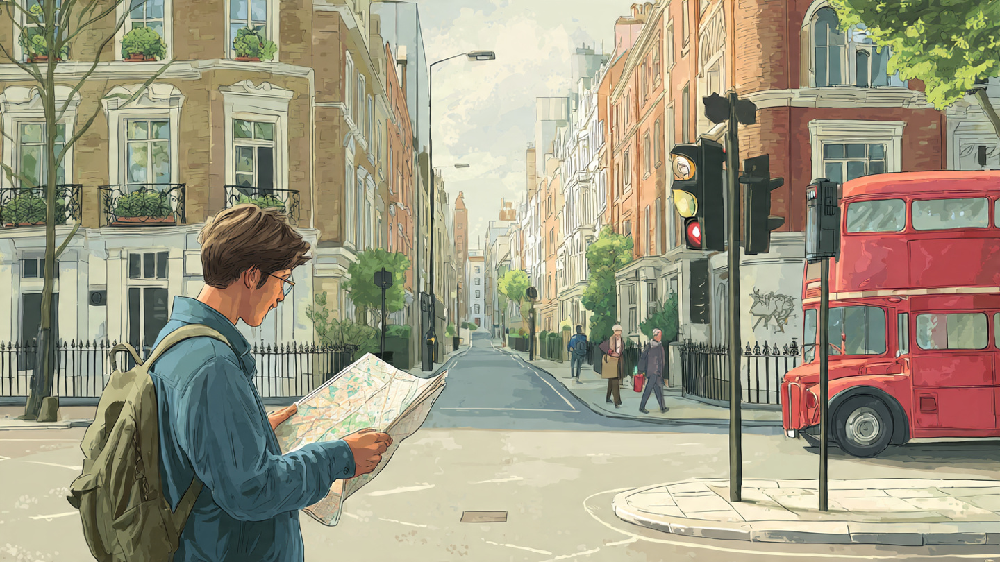 First-time visitor studying a city map on a quiet London street, representing a well-planned London itinerary and practical London travel itinerary planning