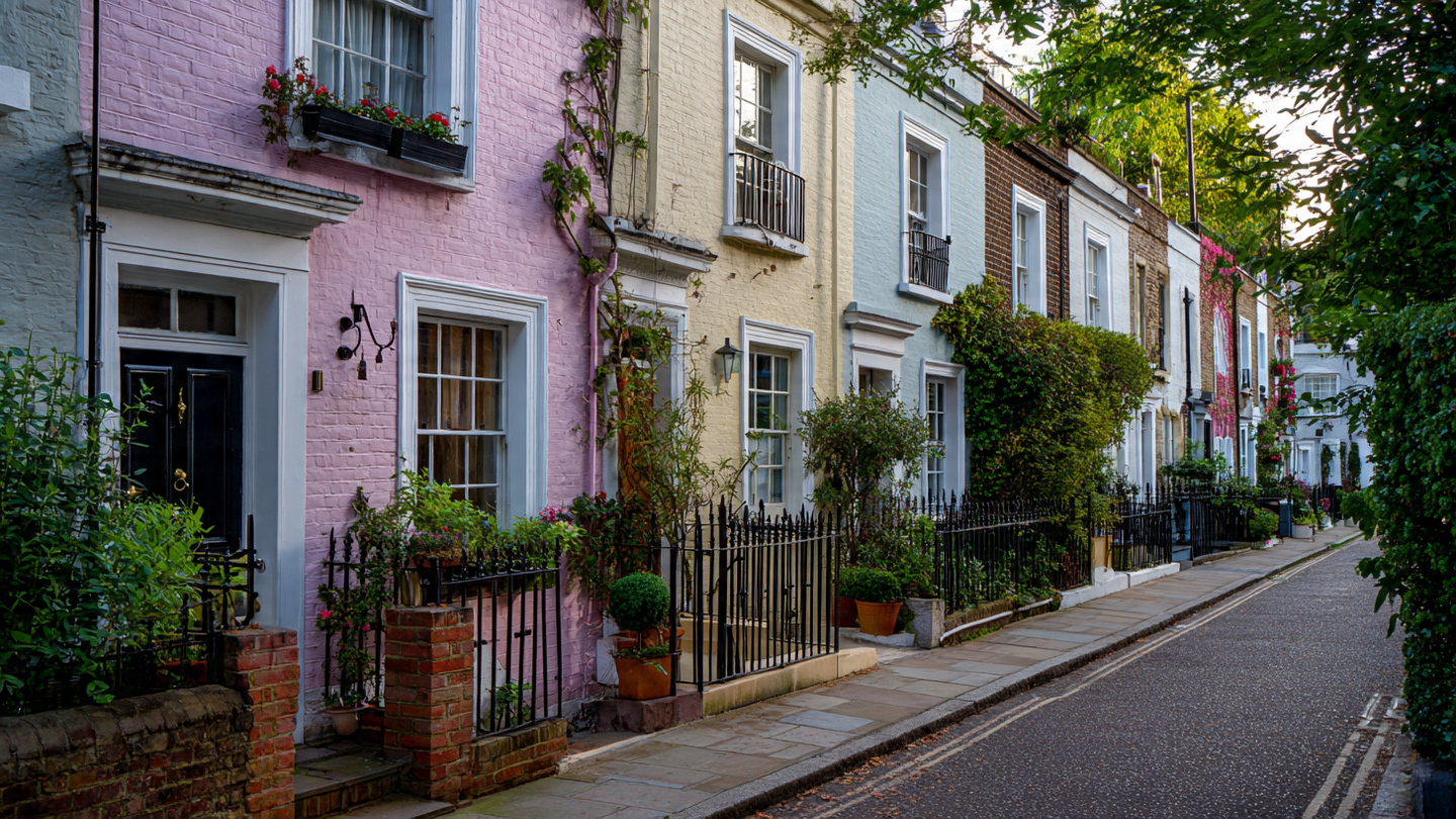 Colorful residential houses along one of the hidden streets in London, showing peaceful London backstreets with pastel facades, quiet neighborhood atmosphere, and charming lesser known streets away from busy city roads