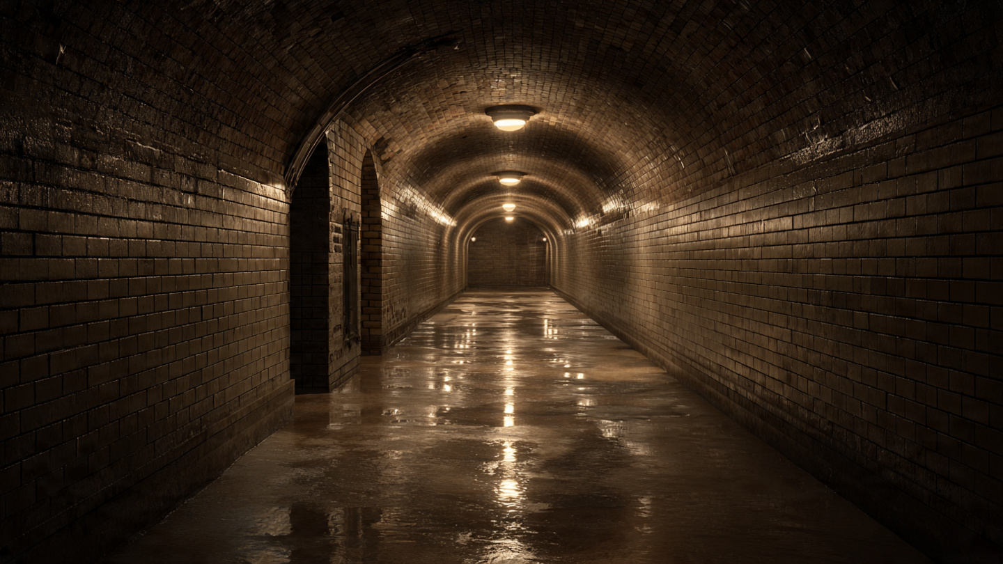 Underground hidden spots in London showing a long tiled subterranean tunnel with arched ceilings, representing quiet underground passageways beneath the city