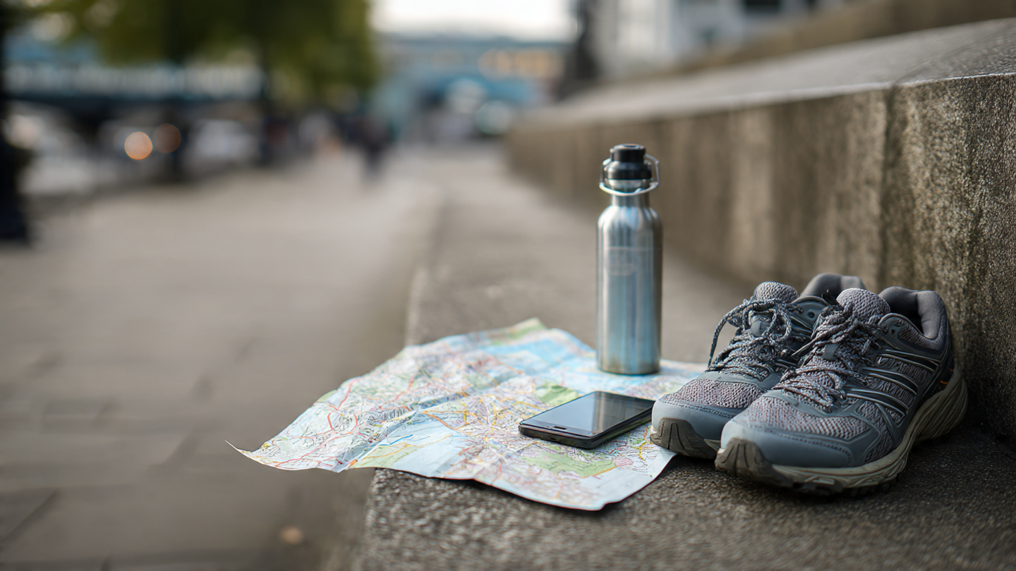 Walking essentials placed on a riverside ledge near Tower Bridge, showing practical things to do near Tower Bridge such as planning scenic walks, sightseeing routes, and exploring the Thames area comfortably